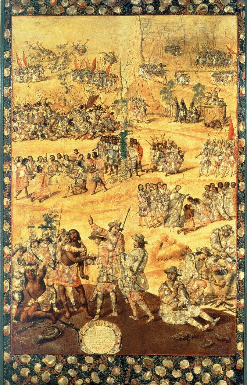De ontmoeting tussen Hernando Cortes (1485-1547) en Montezuma (1466-1520), paneel uit de verovering van Mexico door Miguel and Juan Gonzalez