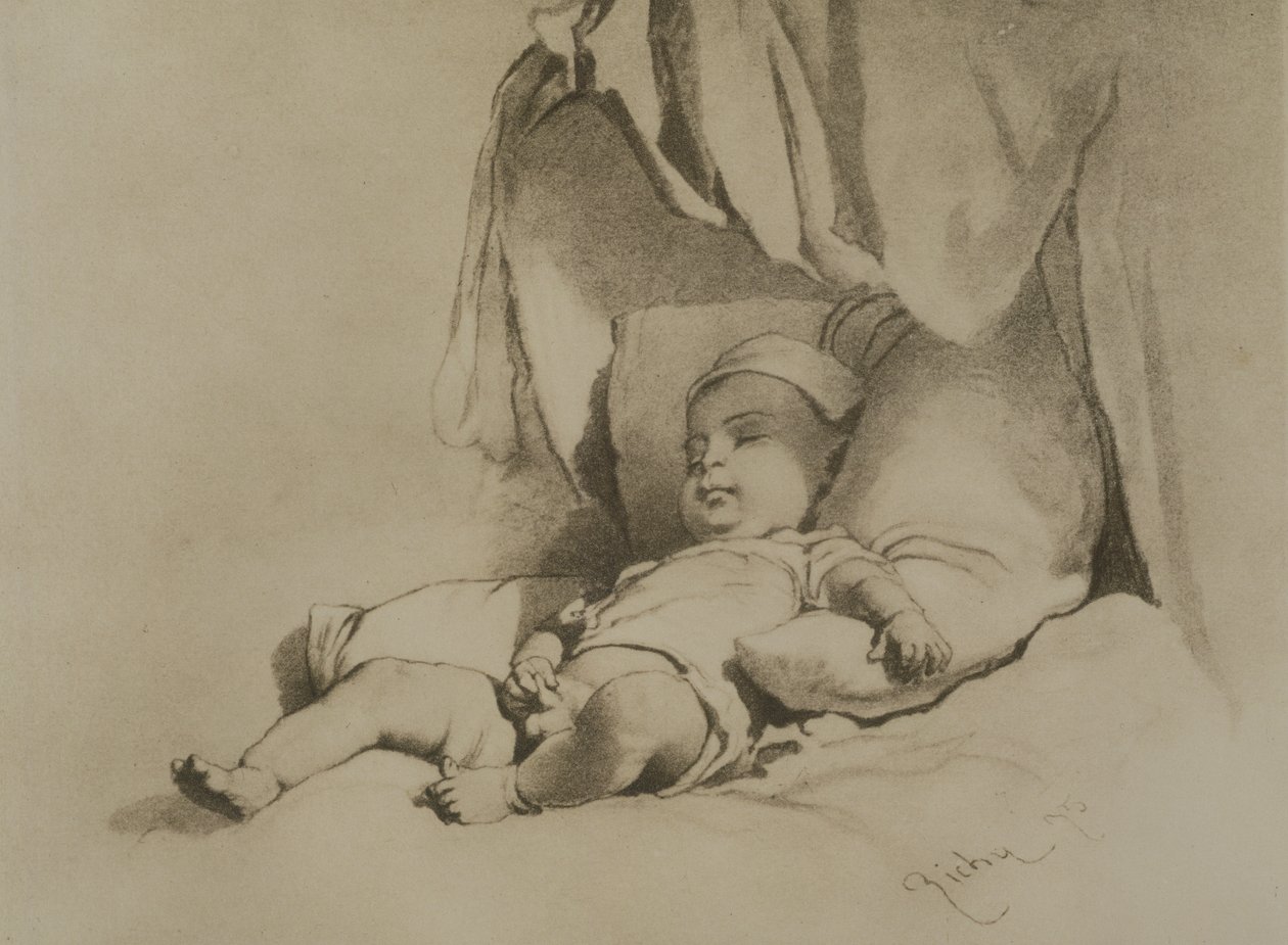 Baby slaapt op bed door Mihaly von Zichy