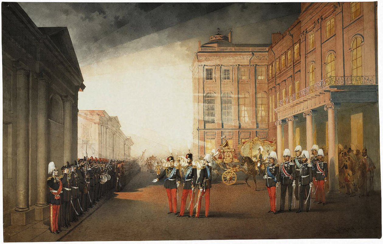 Parade voor het Anichkov-paleis op 26 februari 1870 door Mihaly von Zichy