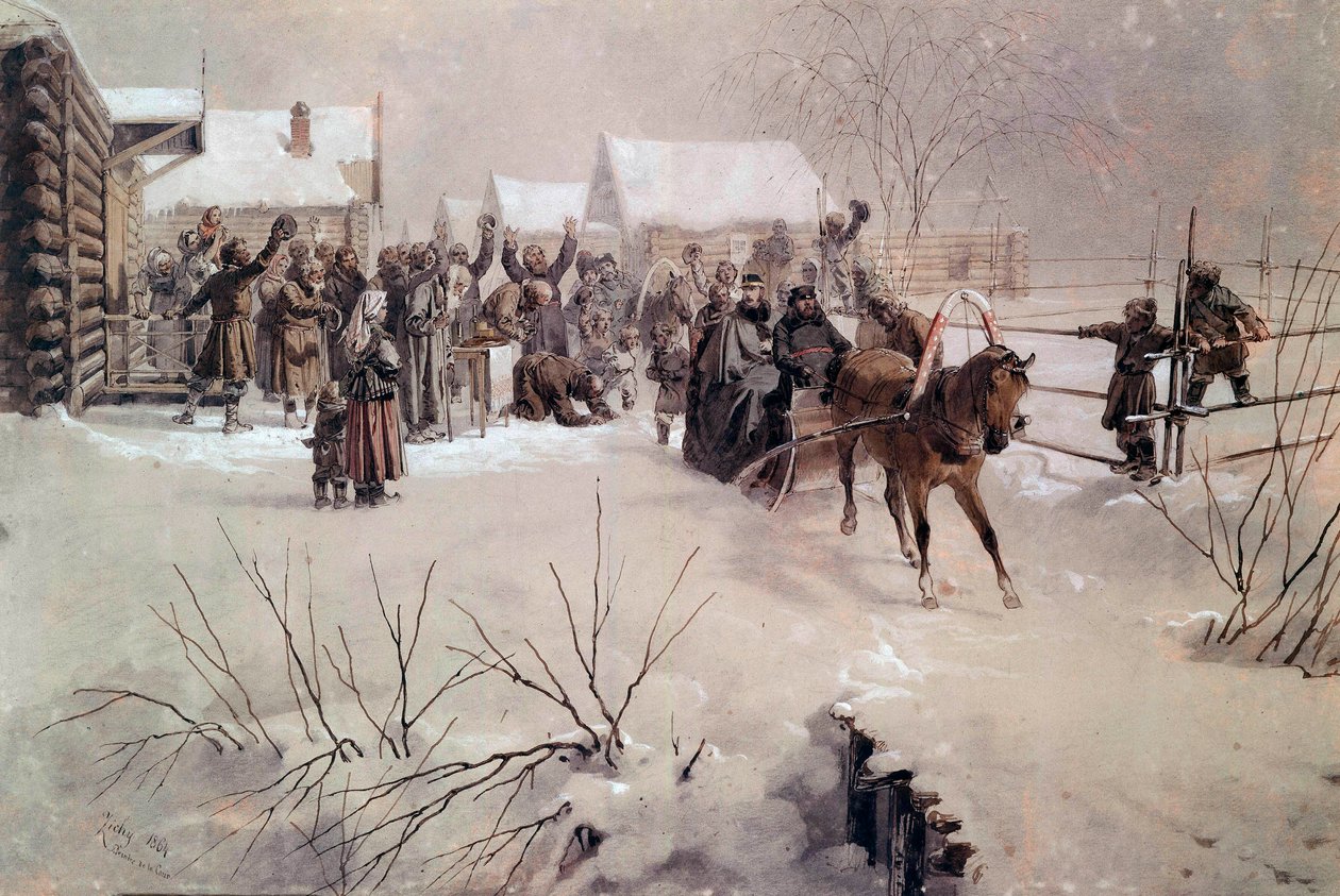 Tsaar Alexander II (1818-1881) in een slee doorkruist een dorp onder sneeuw Aquarel door Mihaly von Zichy (1827-1906) 19e eeuw Sint-Petersburg, Kasteel van Peterhof door Mihaly von Zichy
