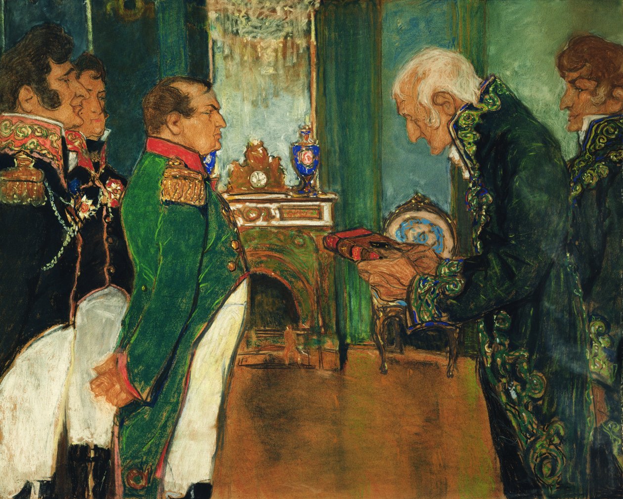 Jean-Baptiste de Lamarck overhandigt het boek Zoological Philosophy aan keizer Napoleon Bonaparte, 1920 door Mikhail Dmitrievich Ezuchevsky