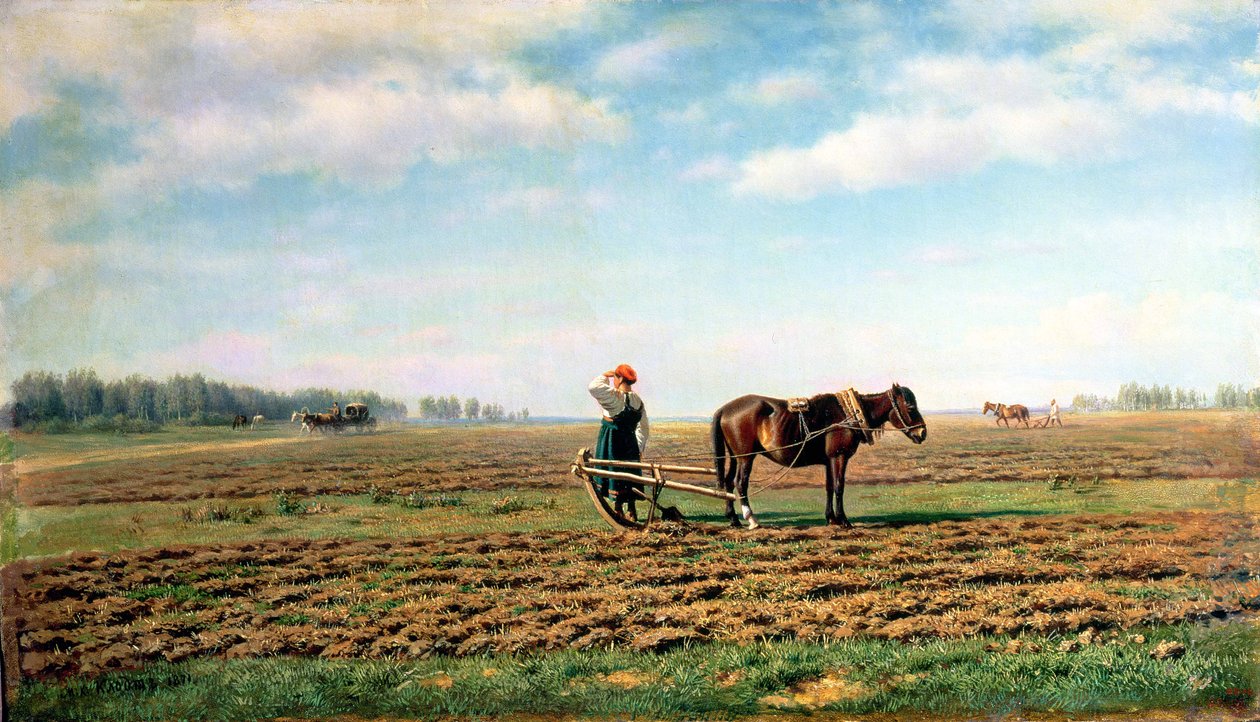 Het ploegen van het veld, 1871 door Mikhail Konstantinovich Klodt