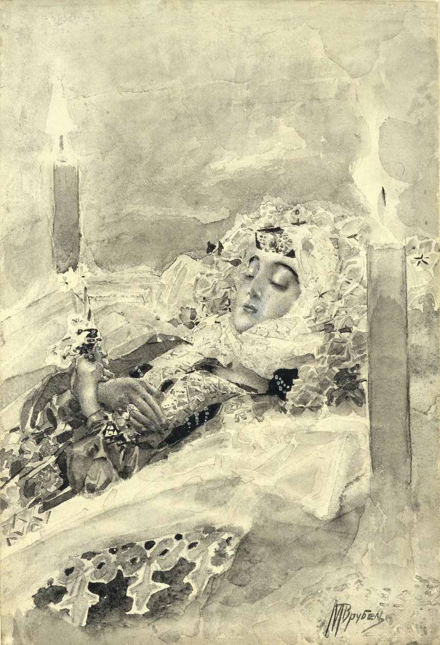 Tamara in de kist. Illustratie bij het gedicht De Demon van Mikhail Lermontov, 1890-1891 door Mikhail Aleksandrovich Vrubel