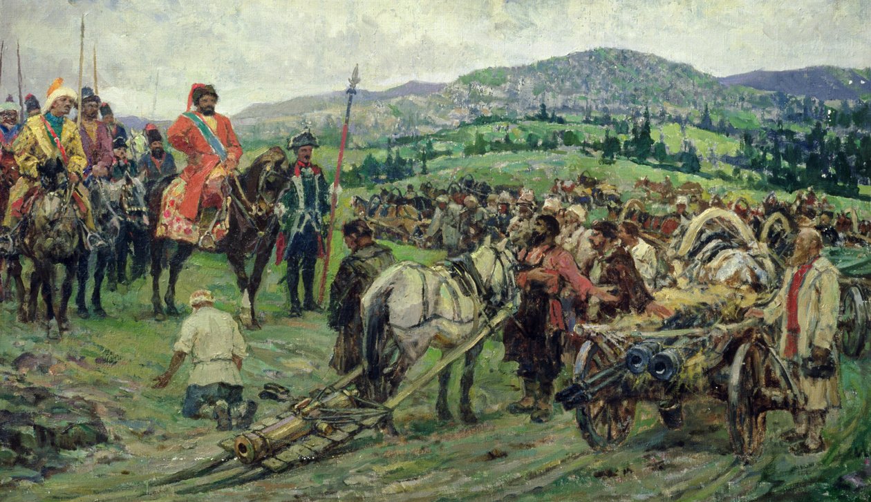 Assisteren van de leider van de boerenopstand, Emelyan Pugachev, in de Oeral (olieverf op doek) door Mikhail Ivanovich Avilov
