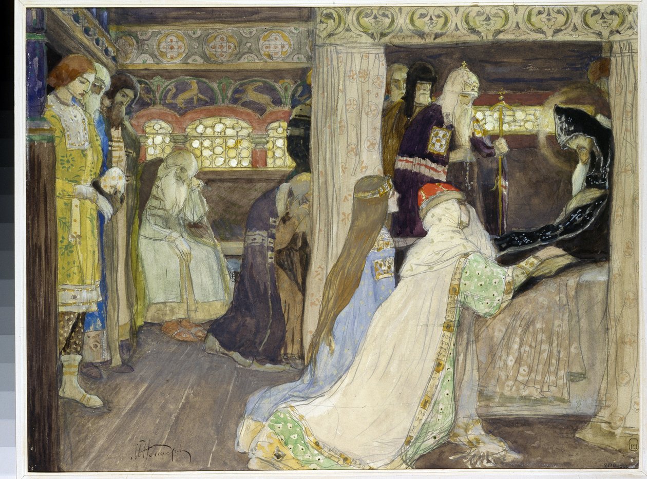 De dood van grootvorst Alexander Nevski (1220-1263). Werk van Mikhail Vasilyevich Nesterov (1862-1942), aquarel en gouache op papier door Mikhail Vasilievich Nesterov