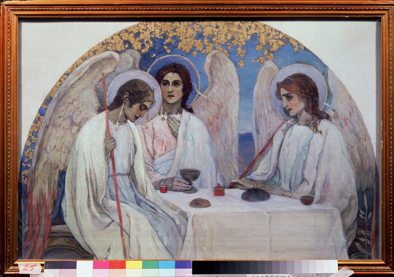 De gastvrijheid van Abraham. De Drie-eenheid van het Oude Testament. Voorstelling van de drie engelen die aan Abraham verschenen bij de eik van Mamre. door Mikhail Vasilievich Nesterov