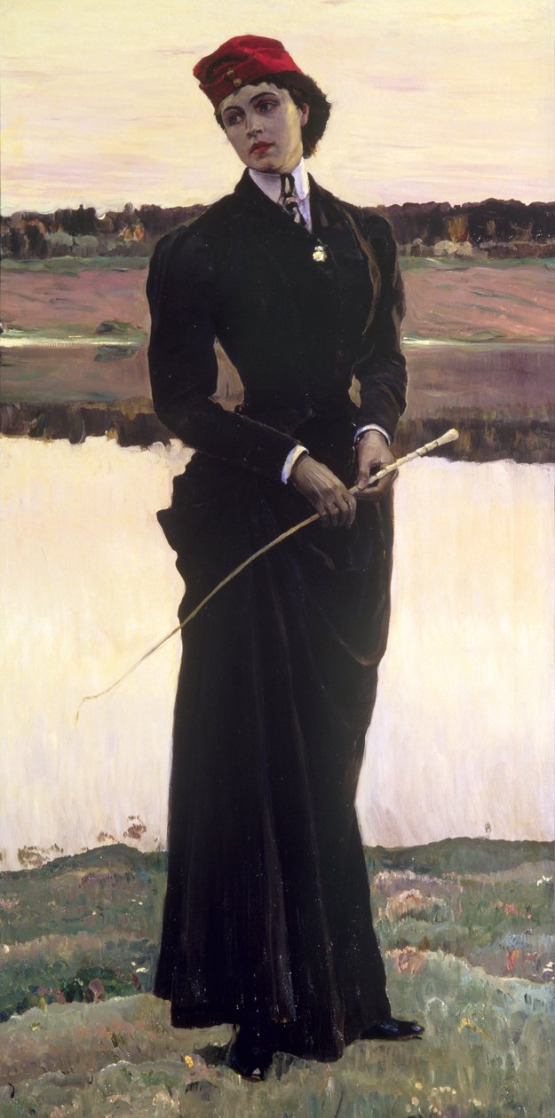 Portret van Olga Nesterova of, Vrouw in een rijgewaad, 1906 door Mikhail Vasilievich Nesterov