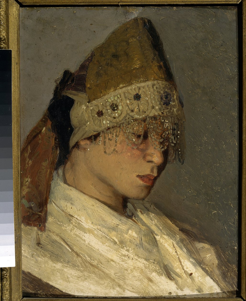 Een meisje met een Kokochnik. Traditionele hoge hoofdtooi van Russische vrouwen, verbonden aan de achterkant met linten, de voorkant is versierd met parels en borduurwerk door Mikhail Vasilievich Nesterov