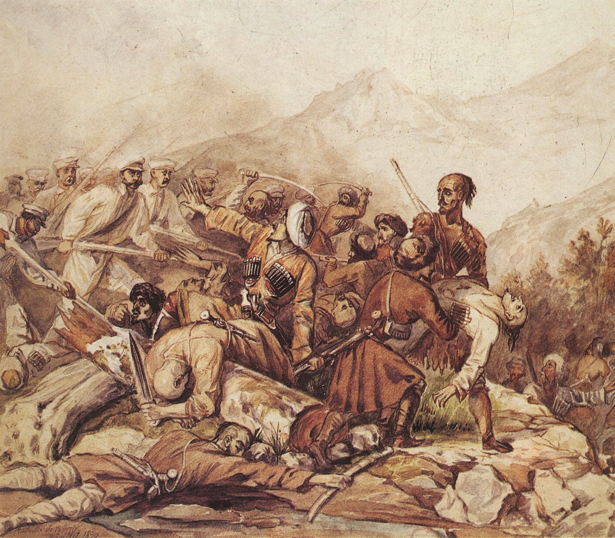 De slag bij de Valerik-rivier op 11 juli 1840, 1840 door Mikhail Yuryevich Lermontov