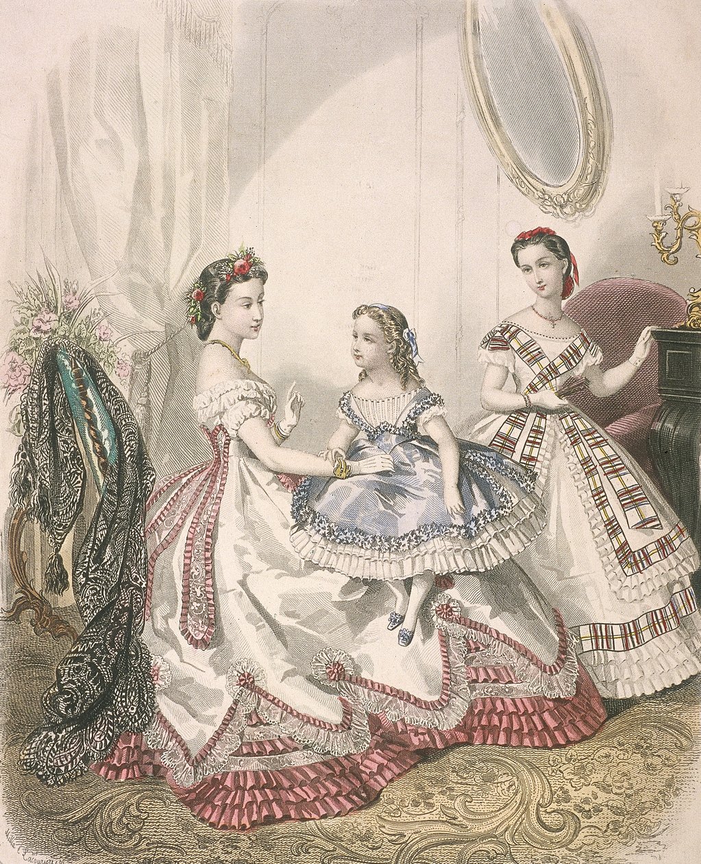 Twee vrouwen en een klein meisje in de nieuwste binnenmode, ca. 1860 door Millia Lacouriere
