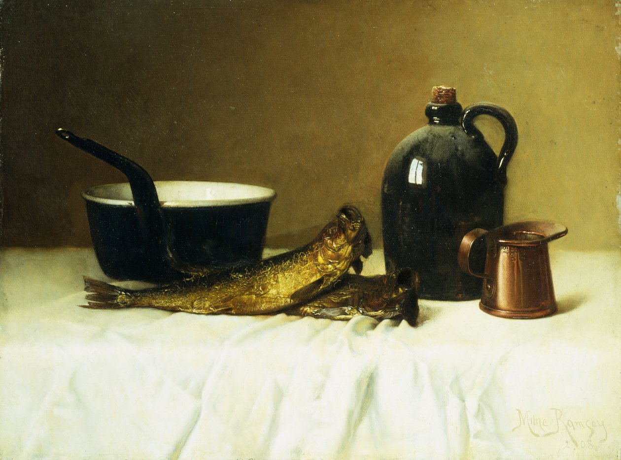 Stilleven met haring, pot, kruik en maat, 1908 door Milne Ramsey