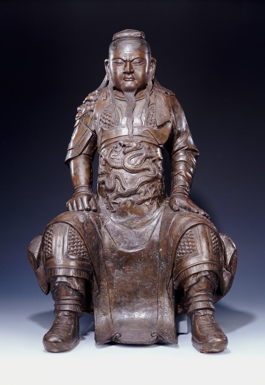 Een fijne grote vroege Ming bronzen figuur van Guandi door Ming Dynasty Chinese School