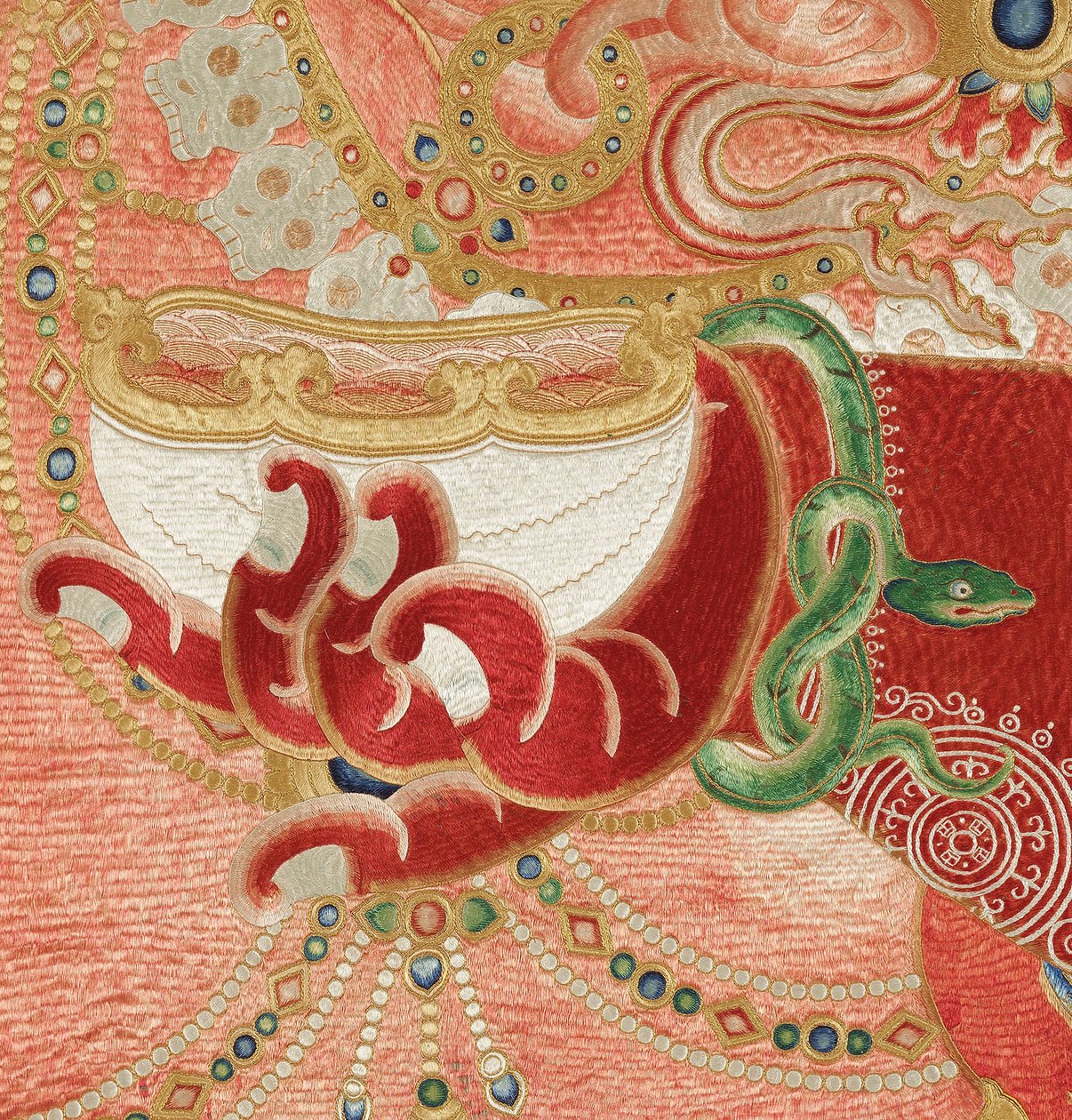 Detail van keizerlijk geborduurde zijden Thangka door Ming Dynasty Chinese School
