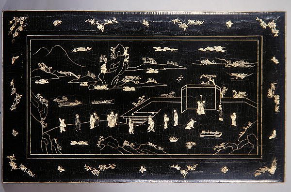 Kang tafelblad (gelakt hout ingelegd met bot) door Ming Dynasty Chinese School