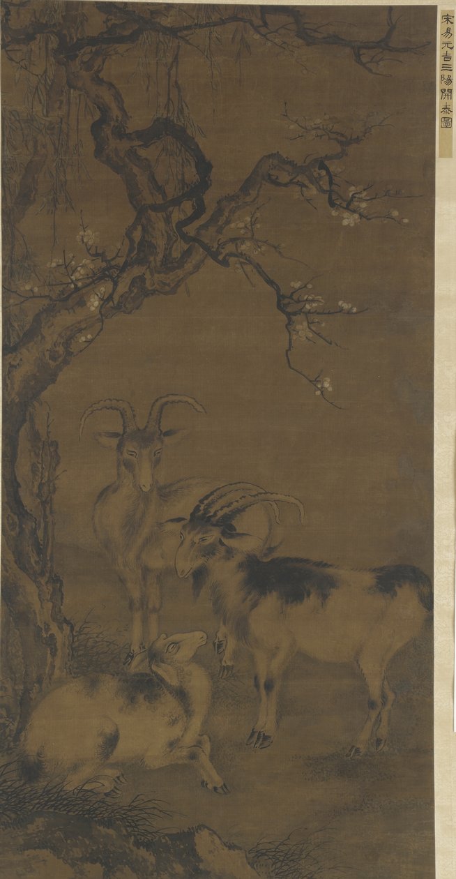 Drie geiten onder een bloeiende pruimenboom, 16e-17e eeuw door Ming Dynasty Chinese School