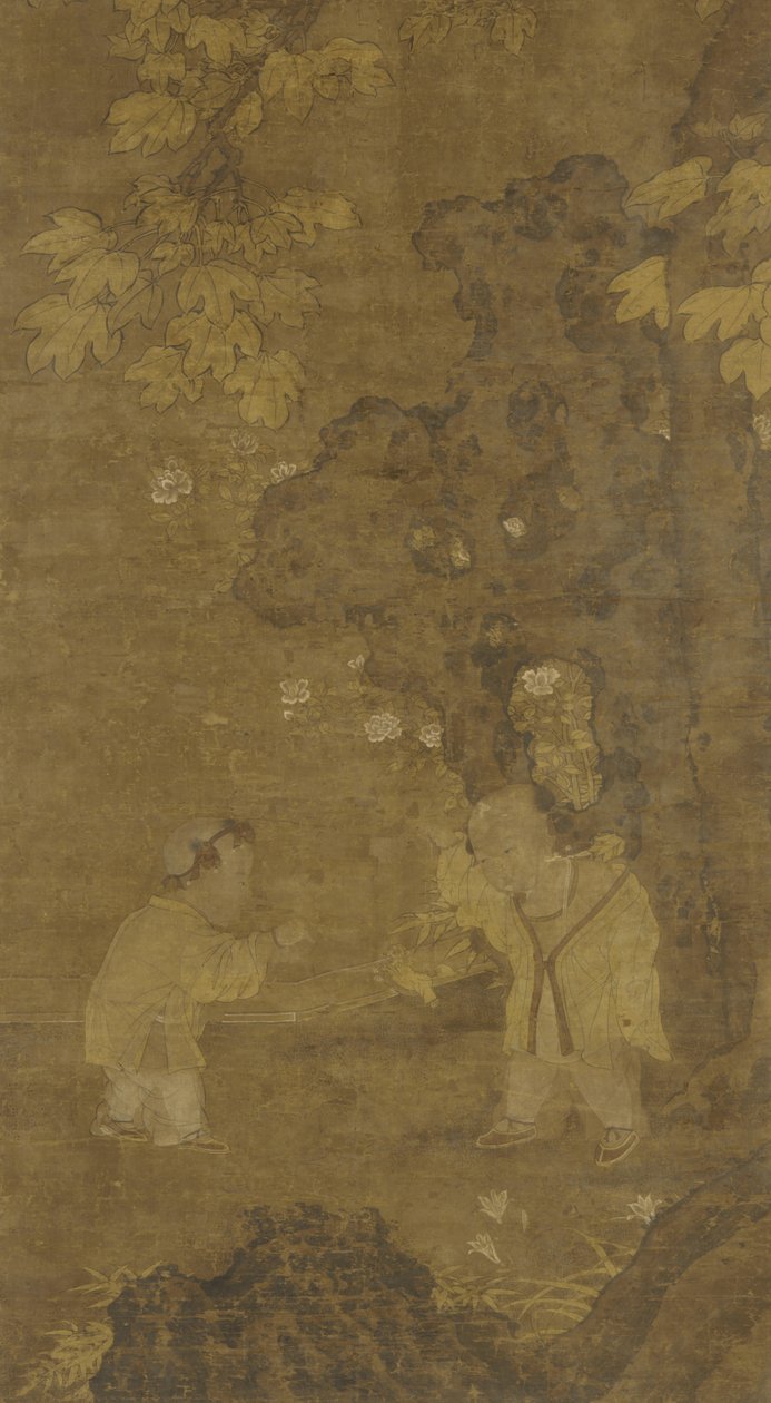 Twee jongens die met de pop van een leeuw spelen, 15e-16e eeuw door Ming Dynasty Chinese School