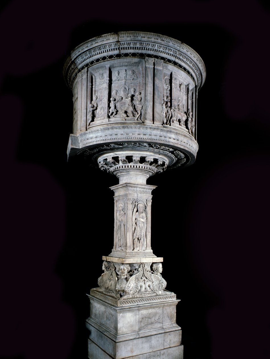 Renaissancekunst: Stoel van Pasquino di Matteo (1425-1485), gebeeldhouwd door Mino da Fiesole (1429-1484) en Antonio Rossellino (1427-1479) (preekstoel in wit marmer (1469-1473) met reliëfs door Antonio Rossellino en Mino da Fiesole) door Mino da Fiesole