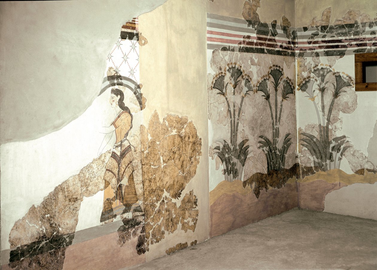 Minoïsche kunst: De vrouw met lelies. Fresco uit Akrotiri op Santorini. 16e eeuw v.Chr. Athene, Nationaal Archeologisch Museum door Minoan