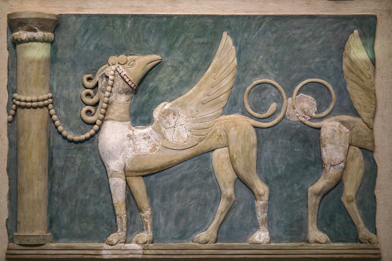 Fresco van hoog-reliëf Griffioenen, Paleis van Knossos, 1600-1450 v.Chr. door Minoan