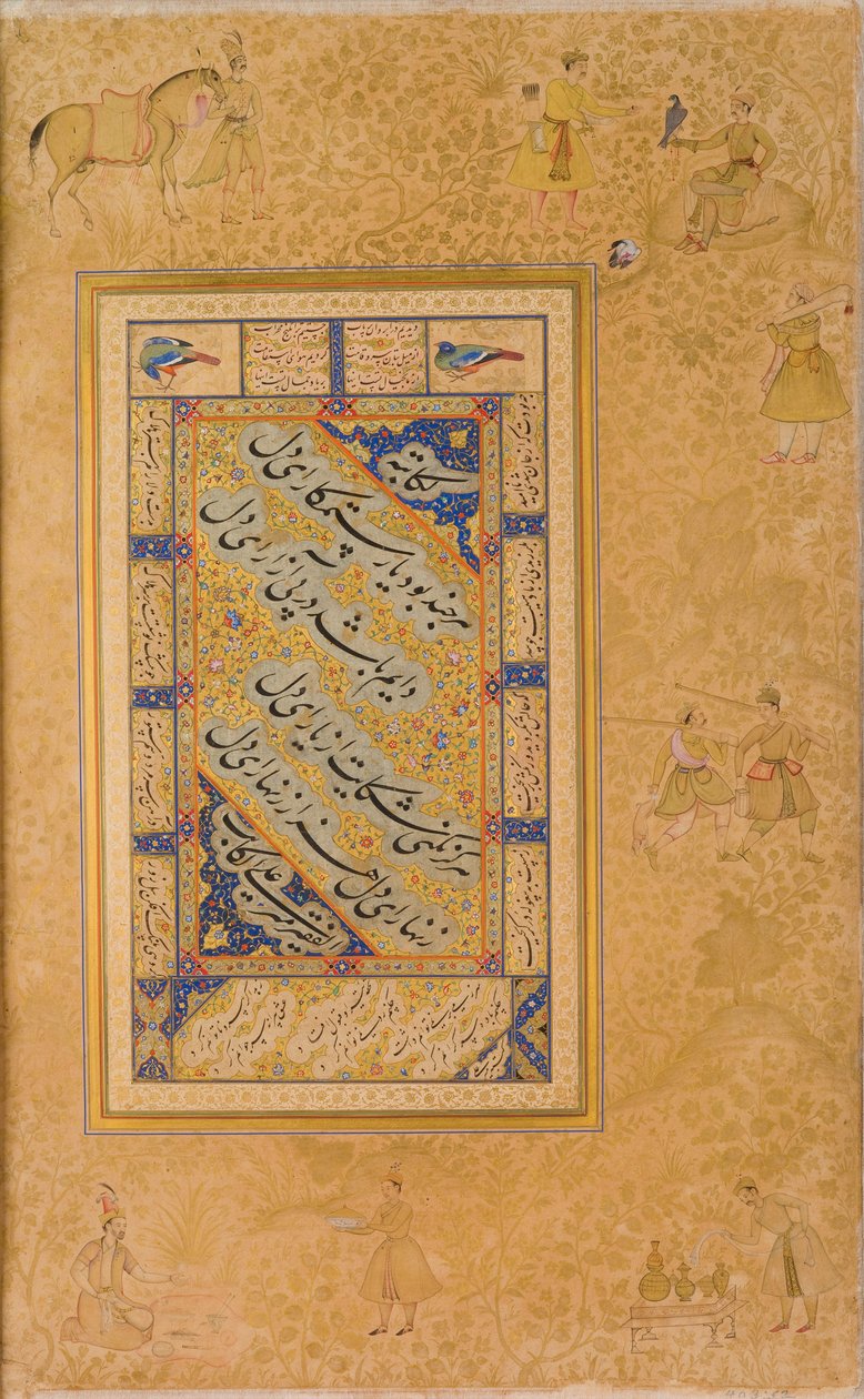 Bladzijde uit een Album gemaakt voor Jahangir, recto, rectokalligrafie eerste helft 16e eeuw; verso afbeelding ca.1590; album ca.1608-19 (aquarel, goud en inkt op papier) door Mir Ali Al Husayni