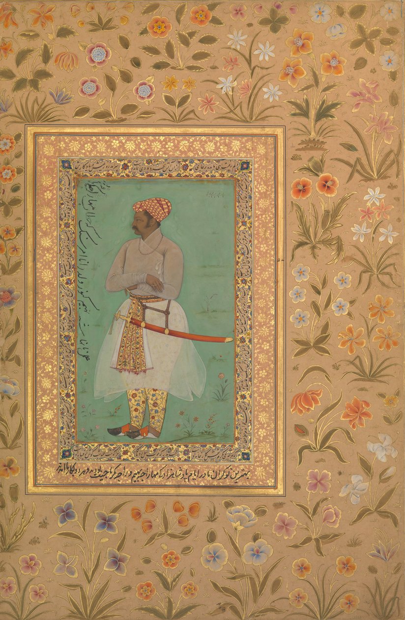 Portret van Maharaja Bhim Kanwar, Folio uit het Shah Jahan Album, verso: ca. 1615-29 door Mir 
