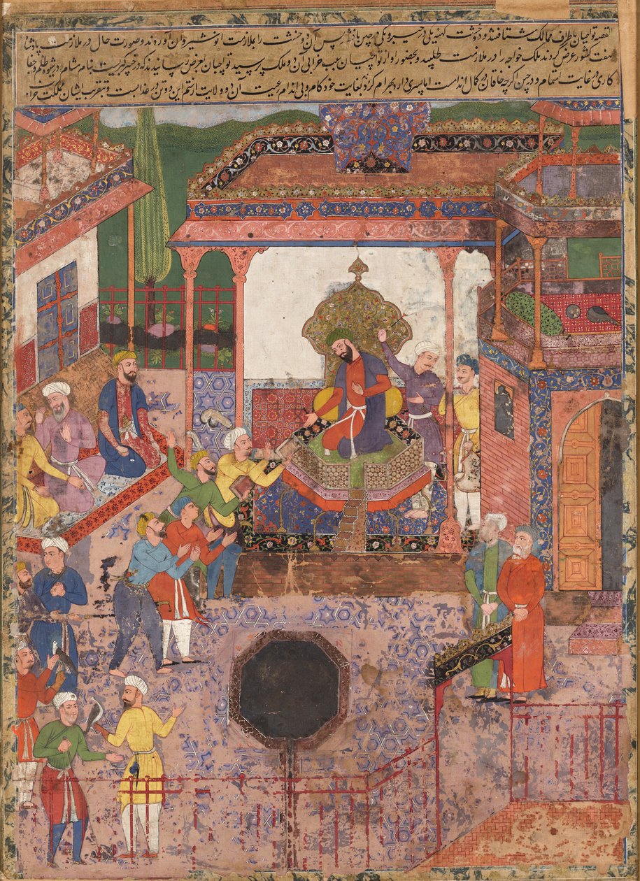 Afgezanten brengen nieuws uit de provincies Khaybar en Chin naar Anoshirvan. Van de Hamzanama door Mir Sayyid Ali