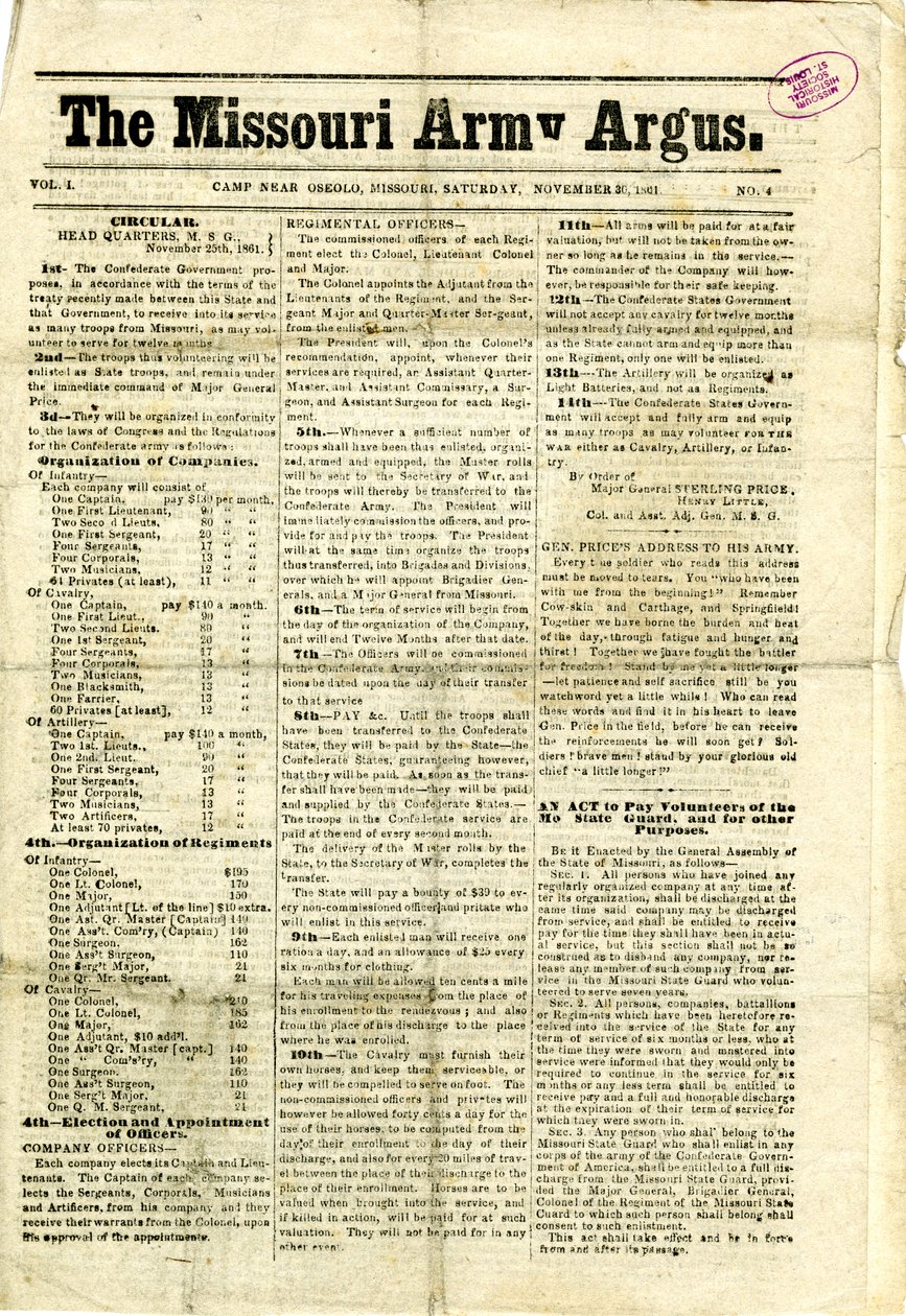 Inclusief Gedrukte Circulaires en Brieven, een Proclamatie, en een Bericht aan de Vrouwen van Missouri door Missouri Army Argus