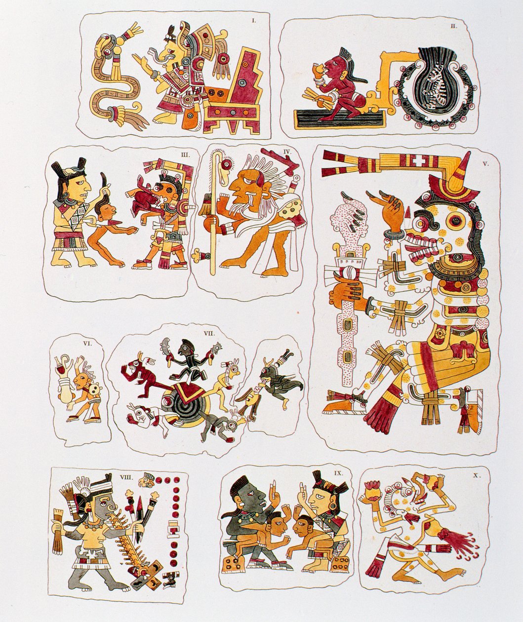 Facsimile kopie van een pagina van de Borgia codex met verschillende scènes (kleur lithografie) door Mixtec