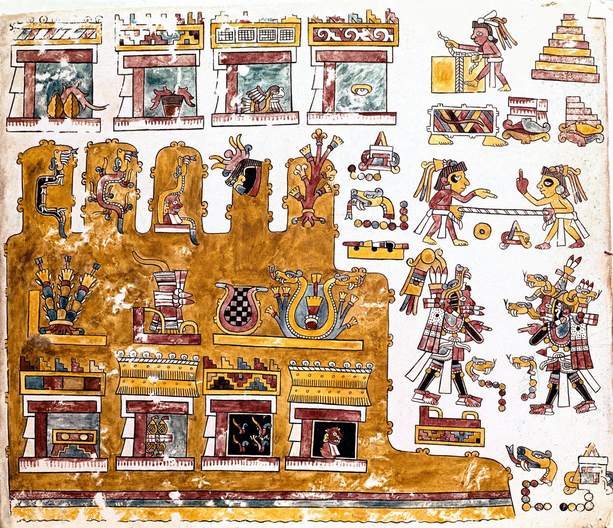 Mixteekse beschaving: Mixteekse Codex met illustraties van activiteiten voor een tempel (detail) door Mixtec Mixtec