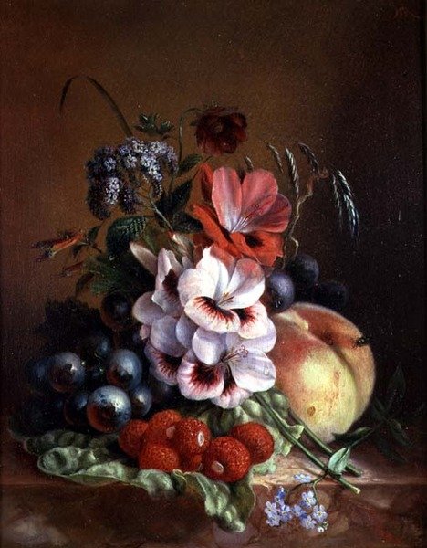 Stilleven met fruit en bloemen door Mme. A. van Ravensway