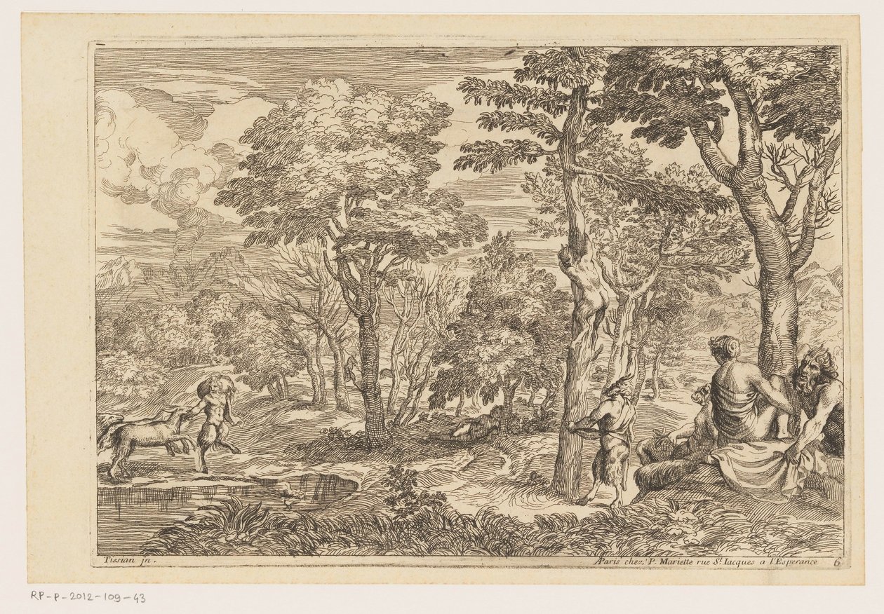 Boslandschap met saters (Landschappen naar Titiaan) door Moise Jean Baptiste Fouard