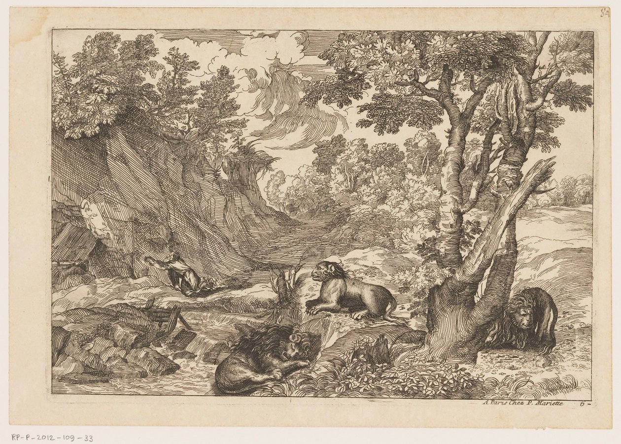 Landschap met de boetvaardige Hiëronymus en drie rustende leeuwen (Landschappen naar Titiaan) door Moise Jean Baptiste Fouard