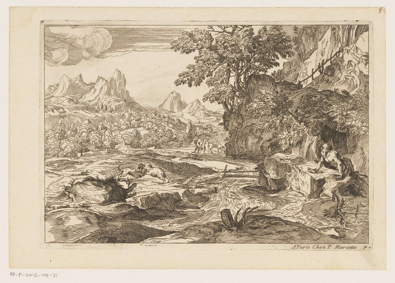 Landschap met de heilige Hiëronymus met twee vechtende leeuwen door Moise Jean Baptiste Fouard