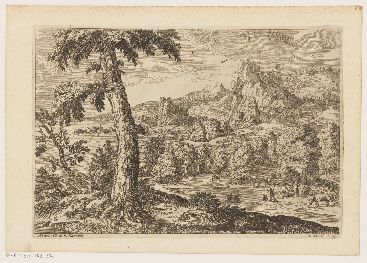 Landschap met figuren langs een rivier door Moise Jean Baptiste Fouard