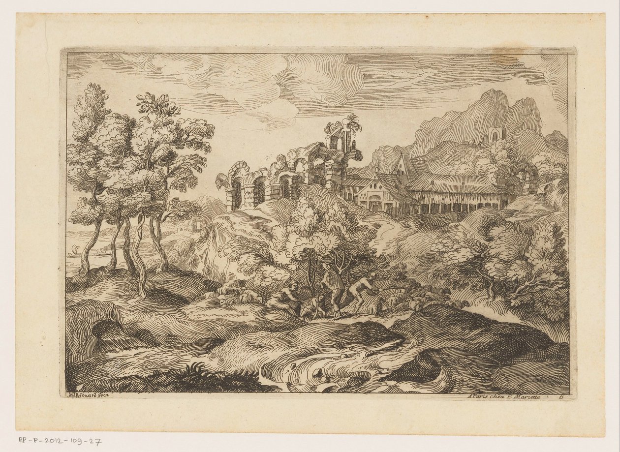 Landschap met herders met een kudde bij een ruïne door Moise Jean Baptiste Fouard