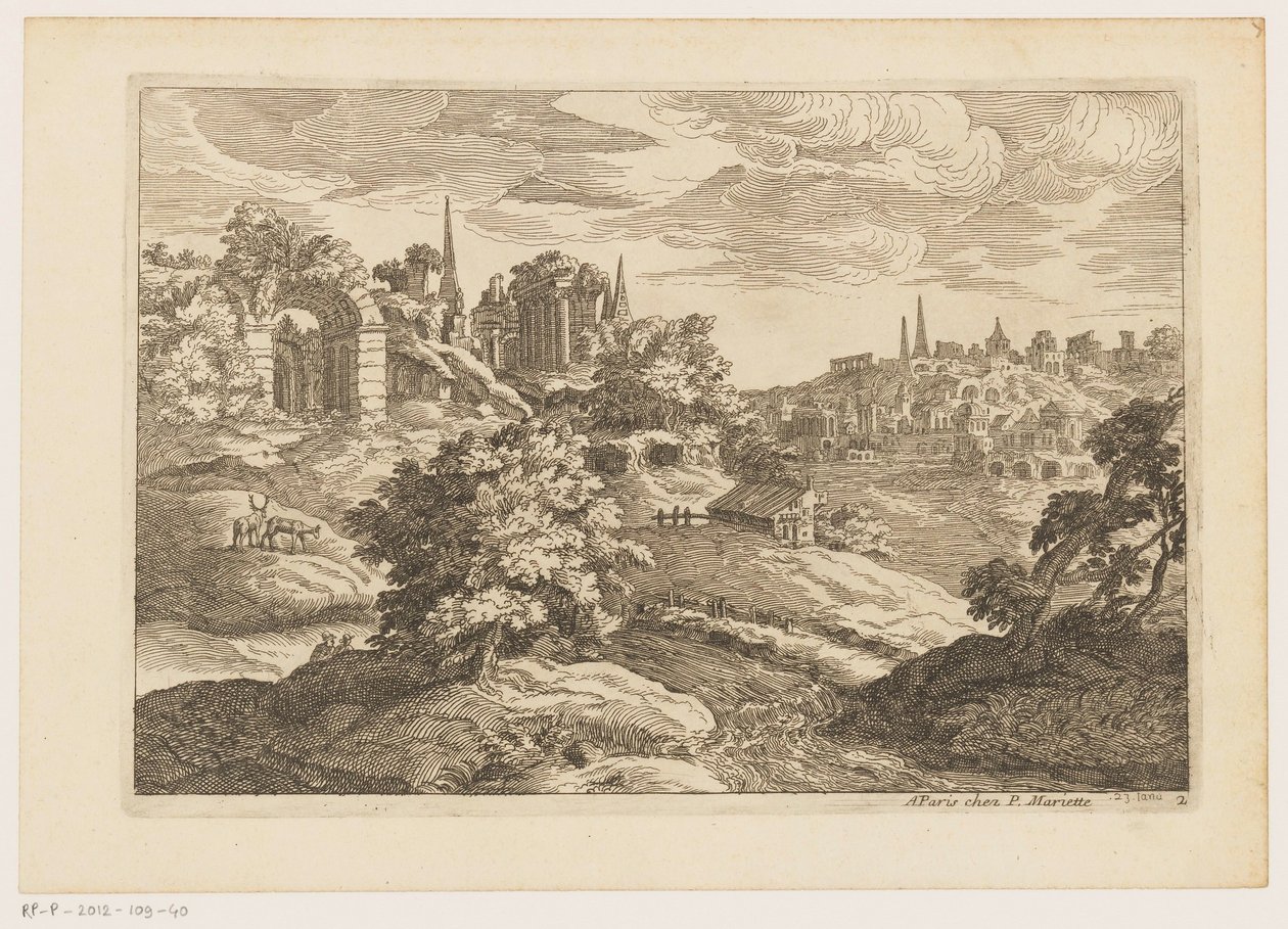 Landschap met ruïnes en herten door Moise Jean Baptiste Fouard