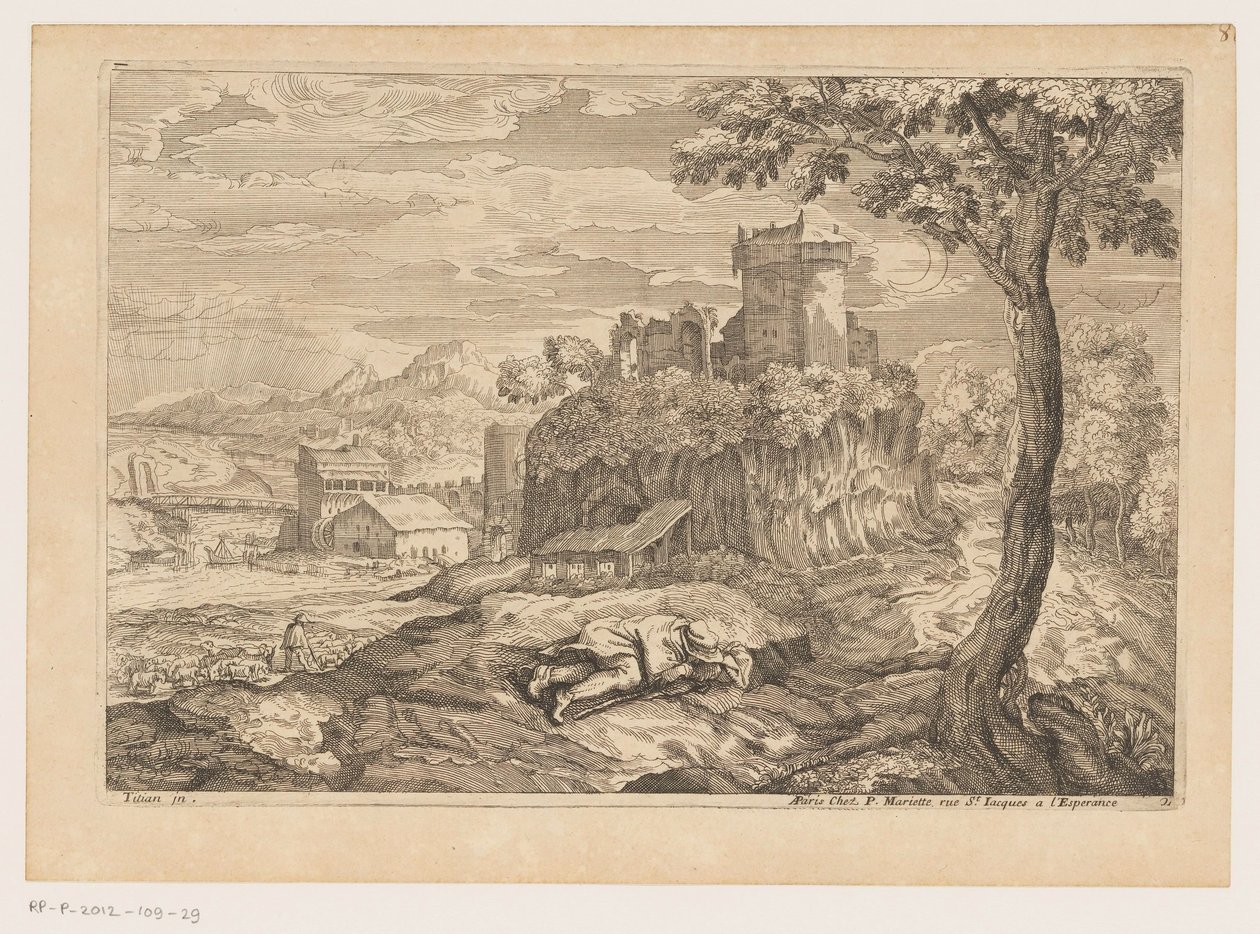 Landschap met rustende herder, op de achtergrond een rivier met brug en watermolen (Landschappen naar Titiaan) door Moise Jean Baptiste Fouard