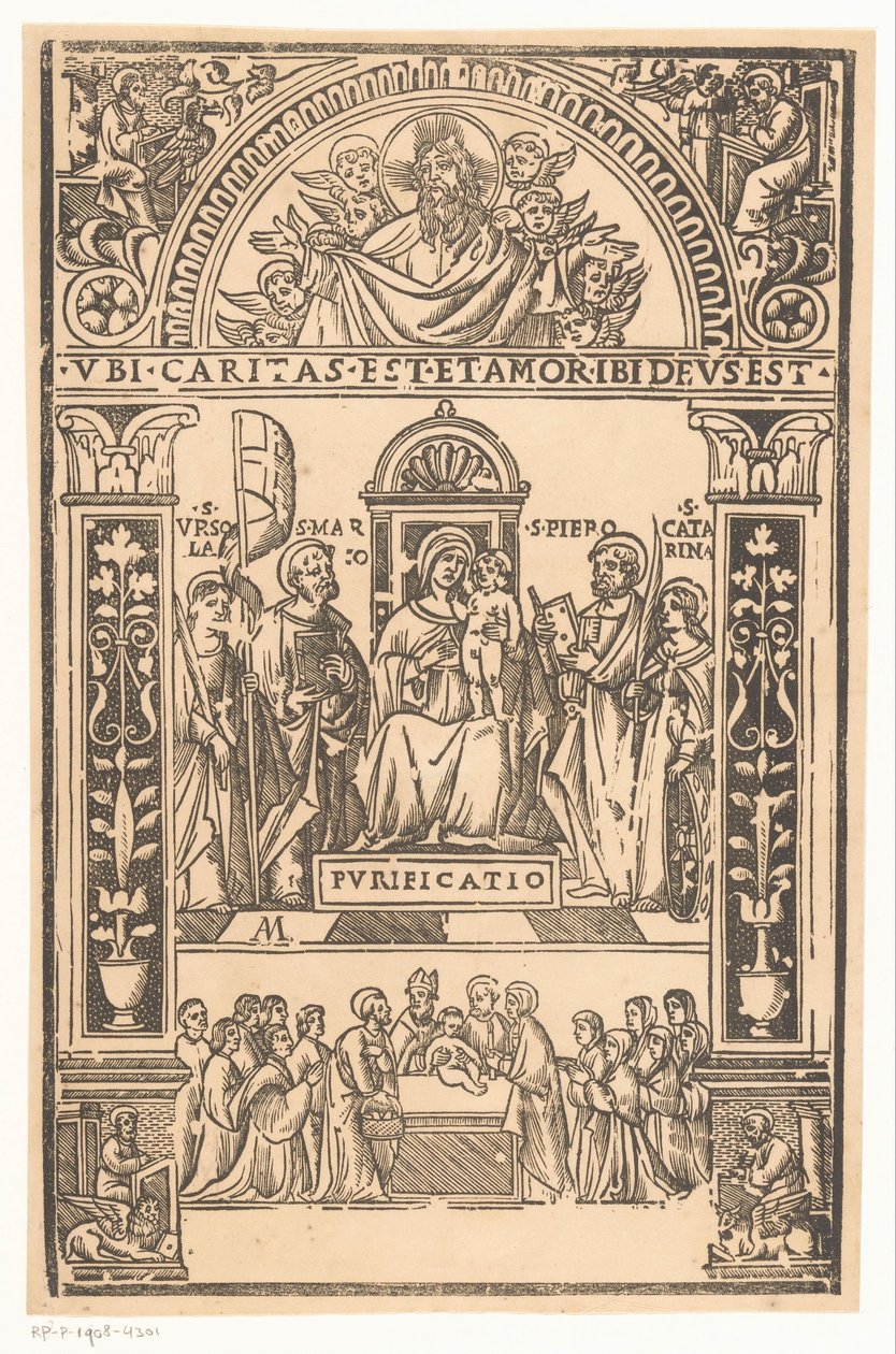 Maria met Kind en heiligen door Monogrammist AM (prentmaker 16e eeuw)