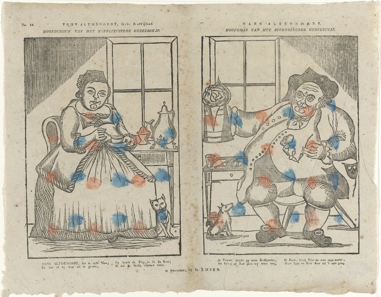 Trijn Antijddorst, Geb: Koffijlief. / Hoofdvrouw van het koffijzusters gezelschap. / Hans Altyddorst. / Hoofdman van het bierdrinkers gezelschap door Monogrammist B (prentmaker)