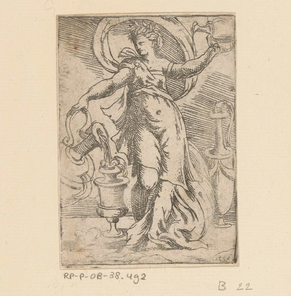 Vrouw met kannen en kruiken door Monogrammist FP (Italië; 16e eeuw)