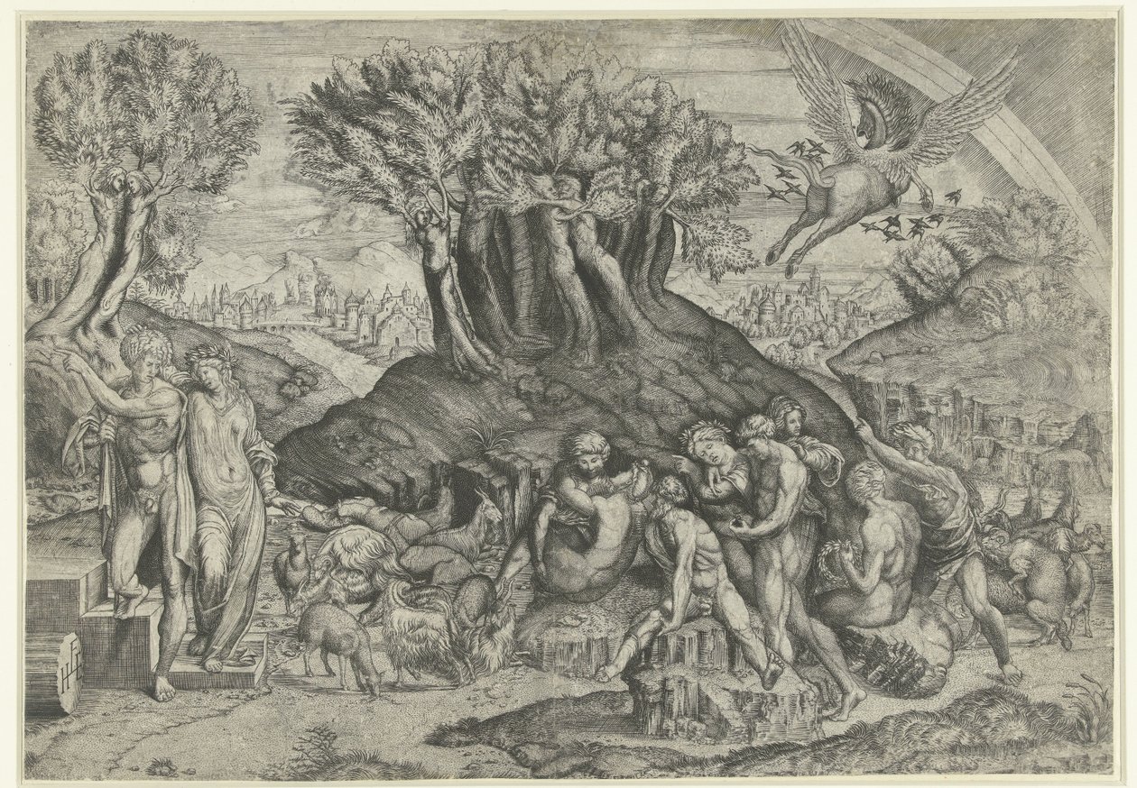 Berg Parnassus gewijd aan Apollo en muzen door Monogrammist HFE