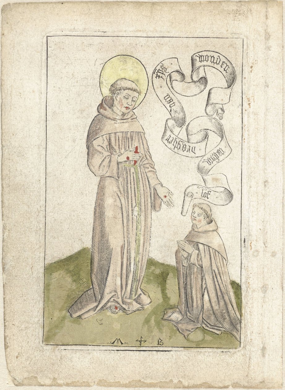 Heilige Franciscus met knielende franciscaan door Monogrammist MB (Nederlanden)