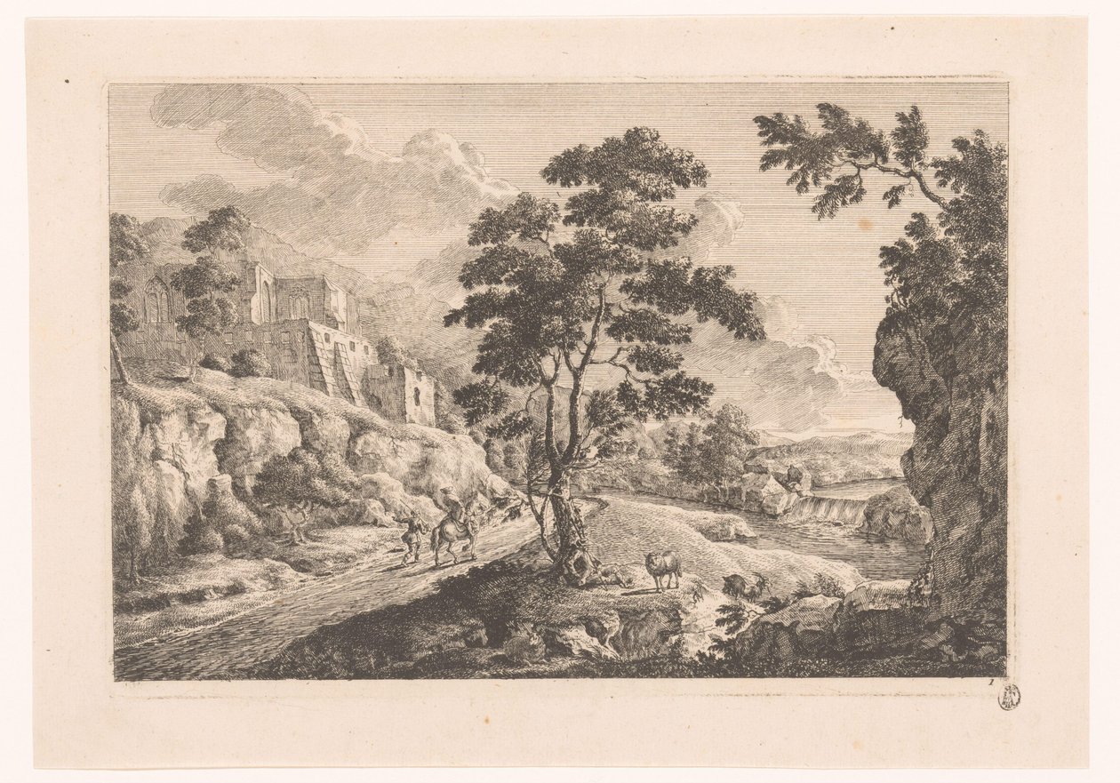 Landschap met huizen op een berg door Monogrammist MEG