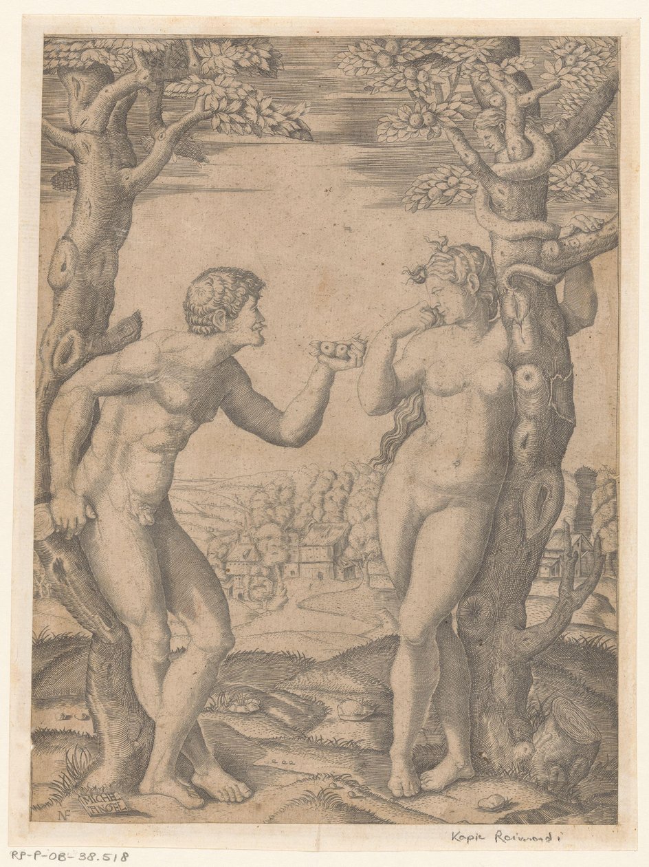 Zondeval van Adam en Eva bij boom van kennis van goed en kwaad met slang door Monogrammist NF (graveur)