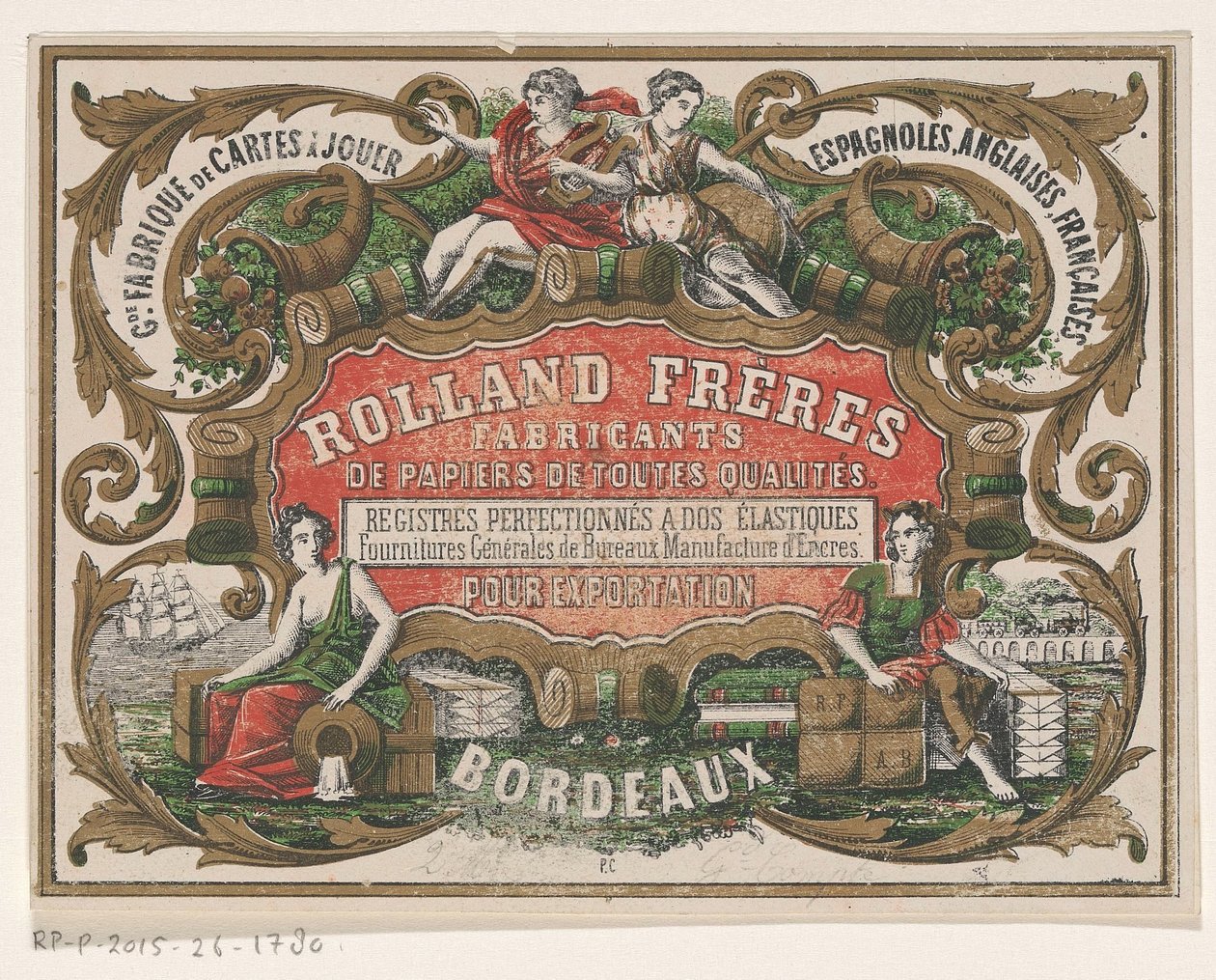 Visitekaartje van Rolland Frères, papierfabrikant te Bordeaux door Monogrammist PC (lithograaf)