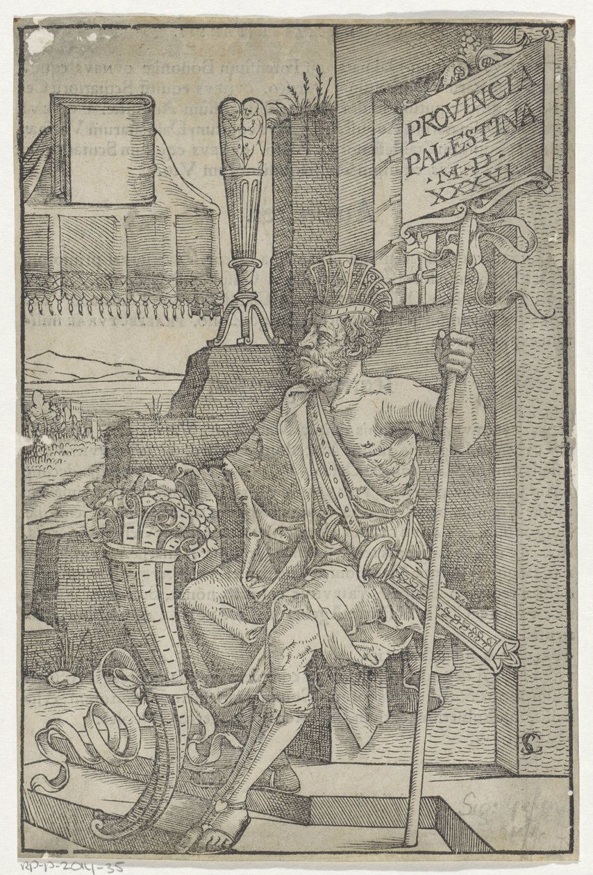 Zittende Romein met een zwaard, een hoorn en een bord met 