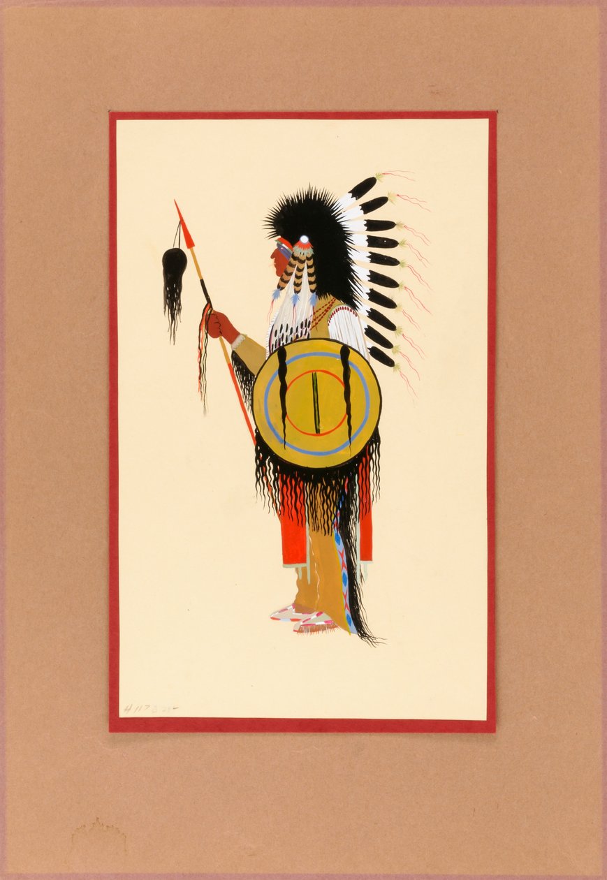 Cheyenne Krijger in Veren Hoofdband met Schild, ca. 1915-1937 door Monroe Tsatoke
