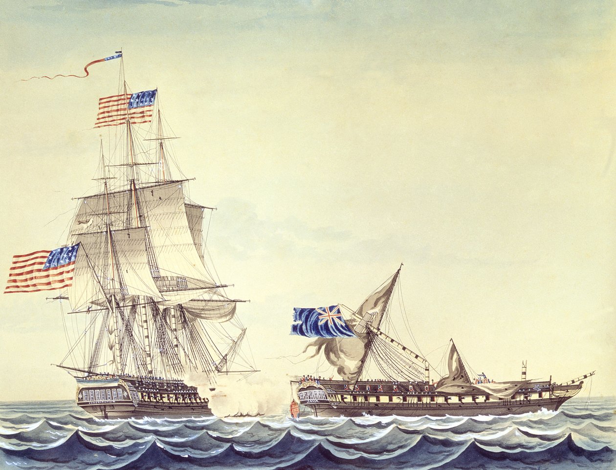 Marinegevecht tussen het U.S. fregat Constitution en H.M. fregat Java (aquarel op papier) door Montardier Montardier