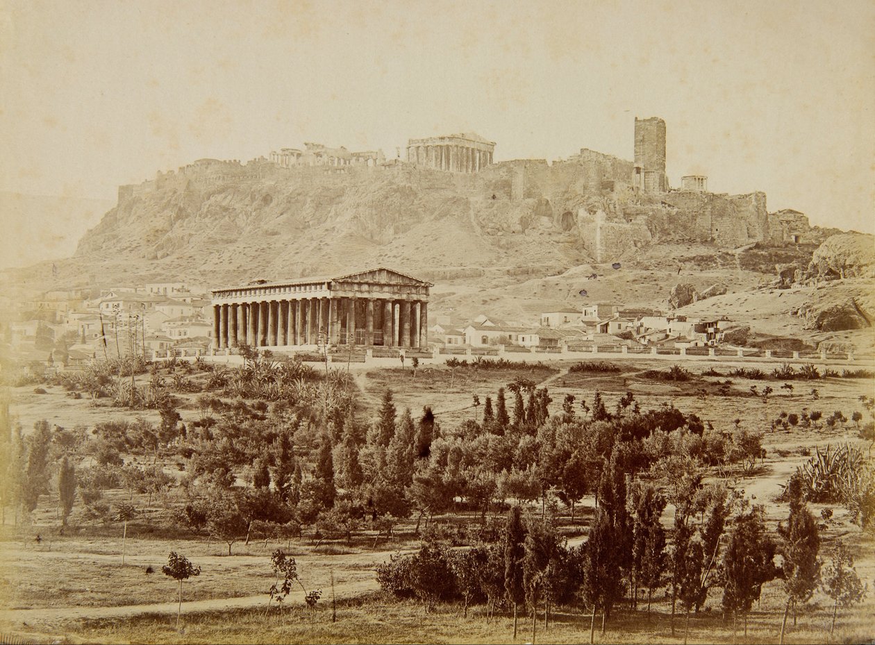 Uitzicht op de Theseion met de Akropolis in de verte door Moraites Petros
