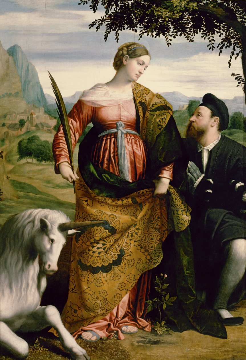 St. Justina, vereerd door een beschermheilige door Moretto da Brescia